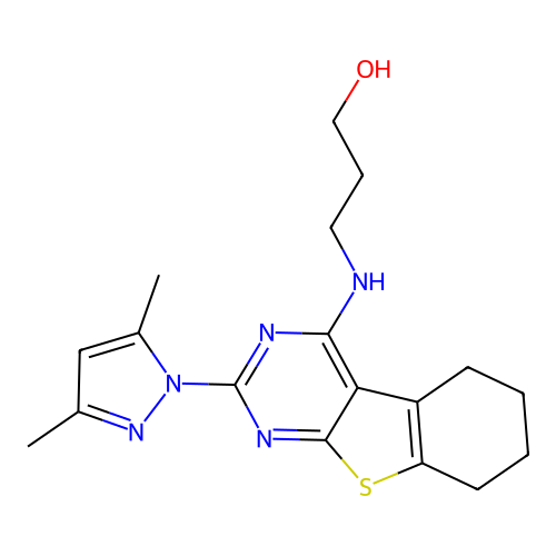 3-[[2-(3,5-dimethylpyrazol-1-yl)-5,6,7,8-tetrahydro-[1]benzothiolo[2,3-d]pyrimidin-4-yl]amino]propan-1-ol structure