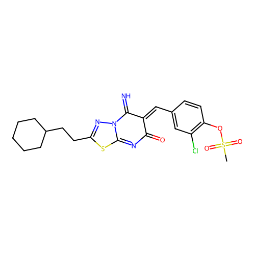 (Z)-2-chloro-4-((2-(2-cyclohexylethyl)-5-imino-7-oxo-5H-[1,3,4]thiadiazolo[3,2-a]pyrimidin-6(7H)-ylidene)methyl)phenyl methanesulfonate structure