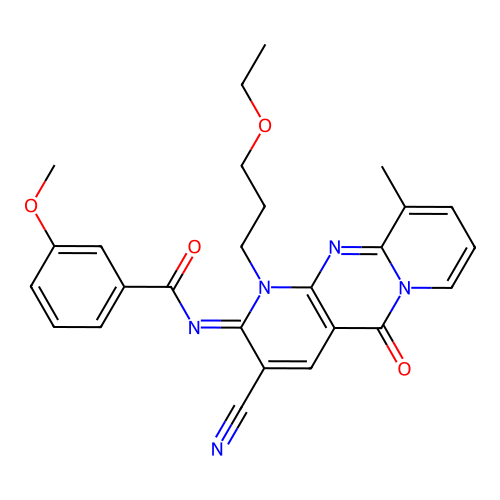 (E)-N-(3-cyano-1-(3-ethoxypropyl)-10-methyl-5-oxo-1H-dipyrido[1,2-a:2',3'-d]pyrimidin-2(5H)-ylidene)-3-methoxybenzamide structure