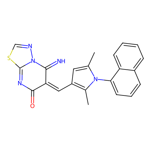(E)-6-((2,5-dimethyl-1-(naphthalen-1-yl)-1H-pyrrol-3-yl)methylene)-5-imino-5H-[1,3,4]thiadiazolo[3,2-a]pyrimidin-7(6H)-one structure