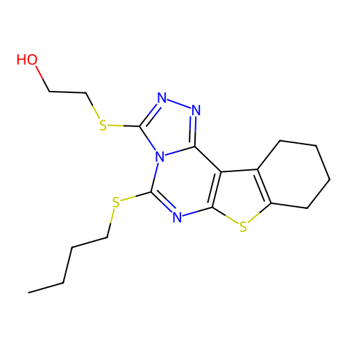 2-((5-(butylthio)-8,9,10,11-tetrahydrobenzo[4,5]thieno[3,2-e][1,2,4]triazolo[4,3-c]pyrimidin-3-yl)thio)ethanol structure