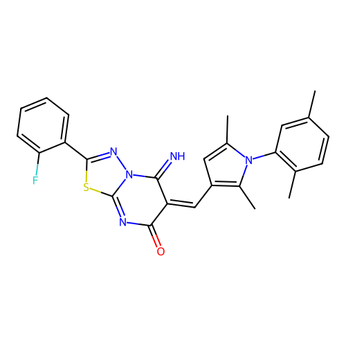 (E)-6-((1-(2,5-dimethylphenyl)-2,5-dimethyl-1H-pyrrol-3-yl)methylene)-2-(2-fluorophenyl)-5-imino-5H-[1,3,4]thiadiazolo[3,2-a]pyrimidin-7(6H)-one structure