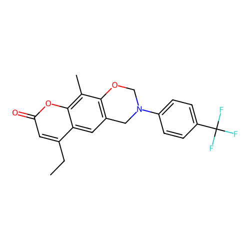 6-ethyl-10-methyl-3-(4-(trifluoromethyl)phenyl)-3,4-dihydrochromeno[6,7-e][1,3]oxazin-8(2H)-one structure