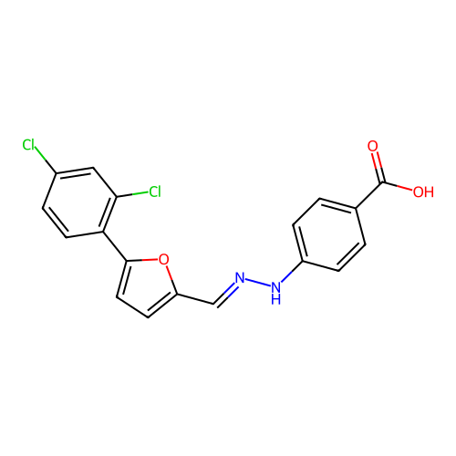 4-[(2E)-2-{[5-(2,4-dichlorophenyl)furan-2-yl]methylidene}hydrazinyl]benzoic acid structure