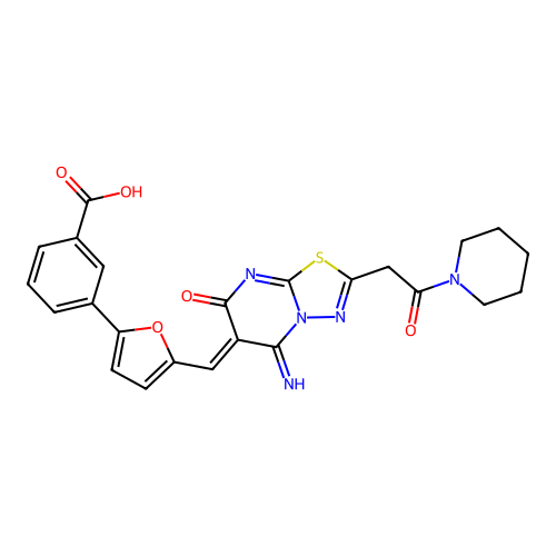 (Z)-3-(5-((5-imino-7-oxo-2-(2-oxo-2-(piperidin-1-yl)ethyl)-5H-[1,3,4]thiadiazolo[3,2-a]pyrimidin-6(7H)-ylidene)methyl)furan-2-yl)benzoic acid structure