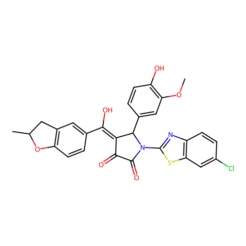 (4E)-1-(6-chloro-1,3-benzothiazol-2-yl)-5-(4-hydroxy-3-methoxyphenyl)-4-[hydroxy(2-methyl-2,3-dihydro-1-benzofuran-5-yl)methylidene]pyrrolidine-2,3-dione structure