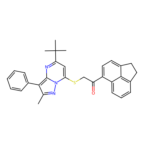 2-[(5-tert-butyl-2-methyl-3-phenylpyrazolo[1,5-a]pyrimidin-7-yl)sulfanyl]-1-(1,2-dihydroacenaphthylen-5-yl)ethanone structure