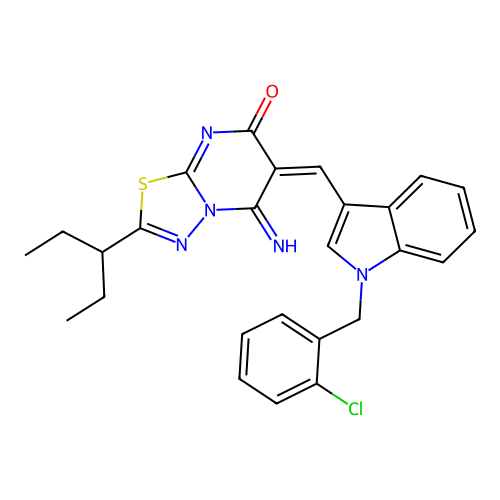 (6E)-6-[[1-[(2-chlorophenyl)methyl]indol-3-yl]methylidene]-5-imino-2-pentan-3-yl-[1,3,4]thiadiazolo[3,2-a]pyrimidin-7-one structure