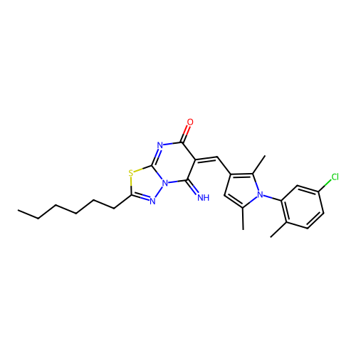 (6E)-6-[[1-(5-chloro-2-methylphenyl)-2,5-dimethylpyrrol-3-yl]methylidene]-2-hexyl-5-imino-[1,3,4]thiadiazolo[3,2-a]pyrimidin-7-one structure