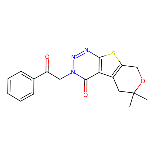 6,6-dimethyl-3-(2-oxo-2-phenylethyl)-3,5,6,8-tetrahydro-4H-pyrano[4',3':4,5]thieno[2,3-d][1,2,3]triazin-4-one structure
