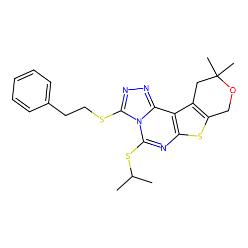 10,10-dimethyl-3-[(2-phenylethyl)sulfanyl]-5-(propan-2-ylsulfanyl)-10,11-dihydro-8H-pyrano[4',3':4,5]thieno[3,2-e][1,2,4]triazolo[4,3-c]pyrimidine structure