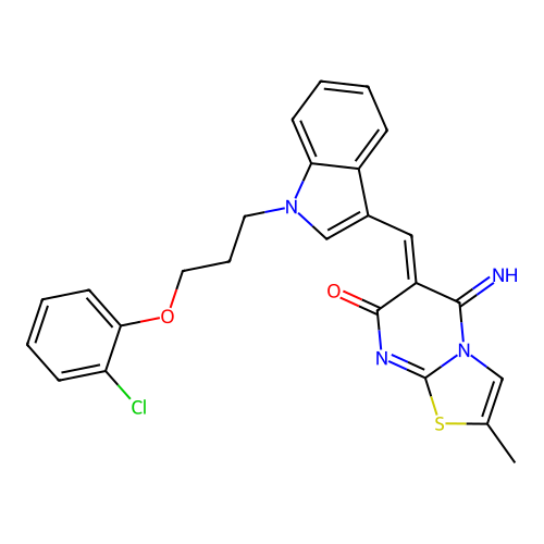 (6Z)-6-({1-[3-(2-chlorophenoxy)propyl]-1H-indol-3-yl}methylidene)-5-imino-2-methyl-5,6-dihydro-7H-[1,3]thiazolo[3,2-a]pyrimidin-7-one structure