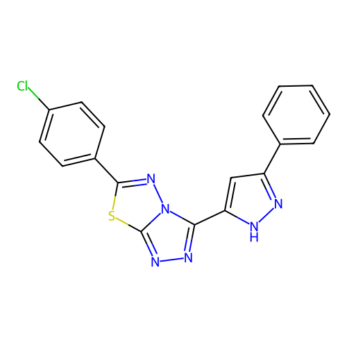 6-(4-chlorophenyl)-3-(3-phenyl-1H-pyrazol-5-yl)-[1,2,4]triazolo[3,4-b][1,3,4]thiadiazole structure