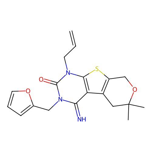 1-allyl-3-(furan-2-ylmethyl)-4-imino-6,6-dimethyl-3,4,5,6-tetrahydro-1H-pyrano[4',3':4,5]thieno[2,3-d]pyrimidin-2(8H)-one structure