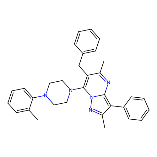 6-benzyl-2,5-dimethyl-7-[4-(2-methylphenyl)piperazin-1-yl]-3-phenylpyrazolo[1,5-a]pyrimidine structure