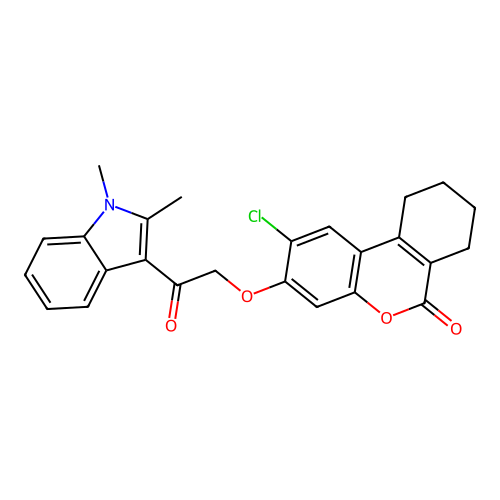 2-chloro-3-(2-(1,2-dimethyl-1H-indol-3-yl)-2-oxoethoxy)-7,8,9,10-tetrahydro-6H-benzo[c]chromen-6-one structure