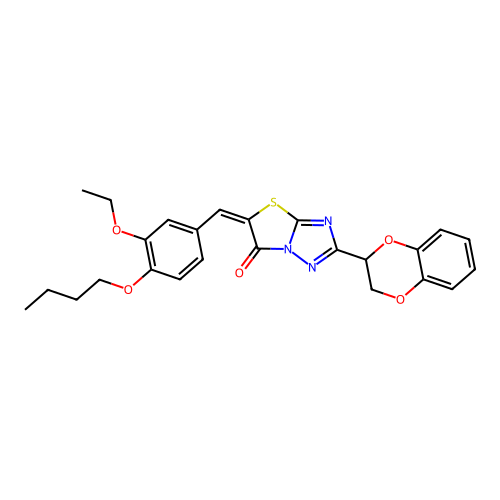 (E)-5-(4-butoxy-3-ethoxybenzylidene)-2-(2,3-dihydrobenzo[b][1,4]dioxin-2-yl)thiazolo[3,2-b][1,2,4]triazol-6(5H)-one structure