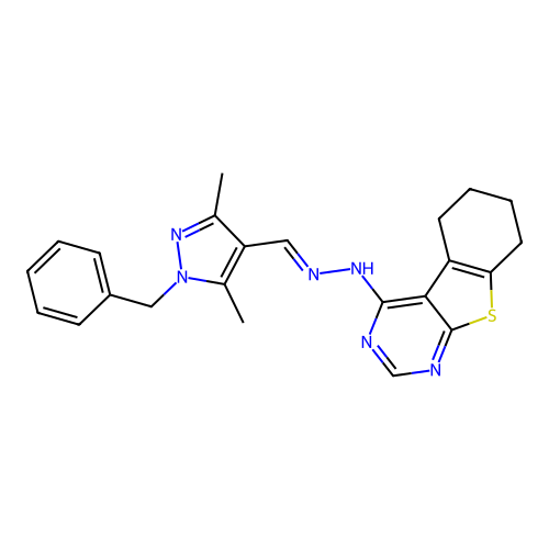 (E)-4-(2-((1-benzyl-3,5-dimethyl-1H-pyrazol-4-yl)methylene)hydrazinyl)-5,6,7,8-tetrahydrobenzo[4,5]thieno[2,3-d]pyrimidine structure