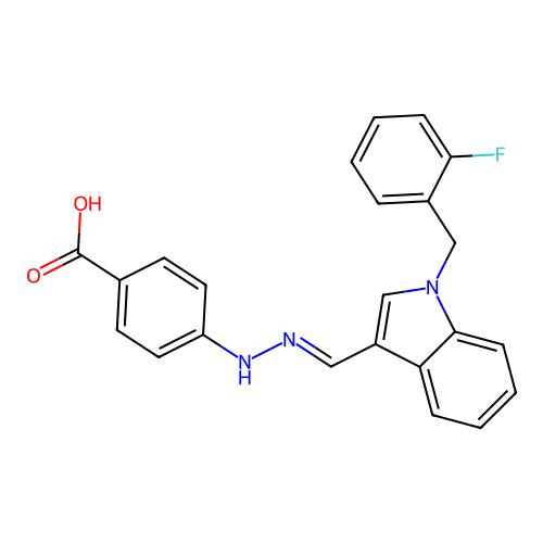 4-[(2E)-2-{[1-(2-fluorobenzyl)-1H-indol-3-yl]methylidene}hydrazinyl]benzoic acid structure