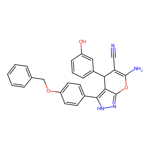 6-amino-3-(4-(benzyloxy)phenyl)-4-(3-hydroxyphenyl)-1,4-dihydropyrano[2,3-c]pyrazole-5-carbonitrile structure