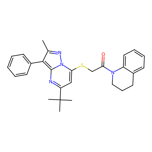 2-[(5-tert-butyl-2-methyl-3-phenylpyrazolo[1,5-a]pyrimidin-7-yl)sulfanyl]-1-(3,4-dihydroquinolin-1(2H)-yl)ethanone structure