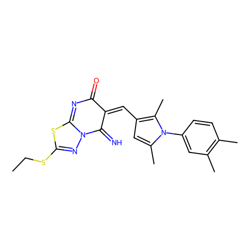 (6E)-6-[[1-(3,4-dimethylphenyl)-2,5-dimethylpyrrol-3-yl]methylidene]-2-ethylsulfanyl-5-imino-[1,3,4]thiadiazolo[3,2-a]pyrimidin-7-one structure