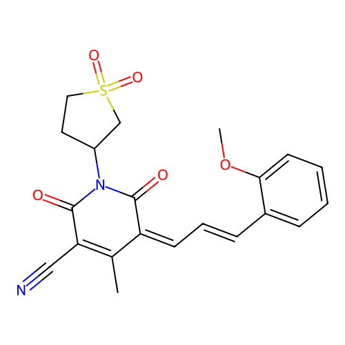 (5Z)-1-(1,1-dioxidotetrahydrothiophen-3-yl)-5-[(2E)-3-(2-methoxyphenyl)prop-2-en-1-ylidene]-4-methyl-2,6-dioxo-1,2,5,6-tetrahydropyridine-3-carbonitrile structure