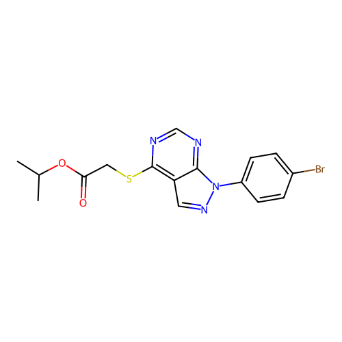 isopropyl 2-((1-(4-bromophenyl)-1H-pyrazolo[3,4-d]pyrimidin-4-yl)thio)acetate structure