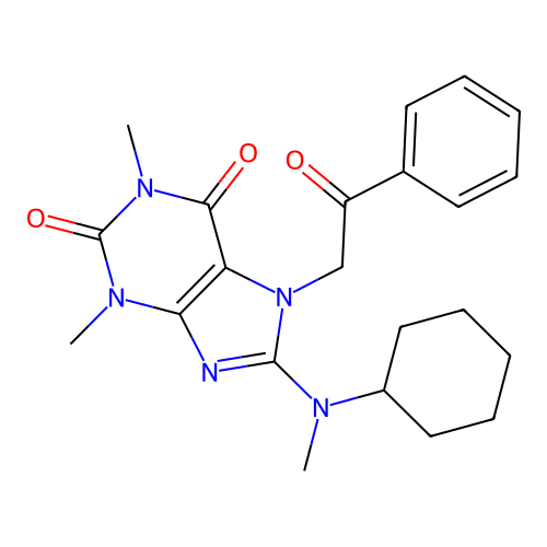 8-[Cyclohexyl(methyl)amino]-1,3-dimethyl-7-phenacylpurine-2,6-dione structure