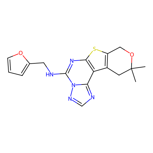 N-(furan-2-ylmethyl)-10,10-dimethyl-10,11-dihydro-8H-pyrano[4',3':4,5]thieno[3,2-e][1,2,4]triazolo[1,5-c]pyrimidin-5-amine structure