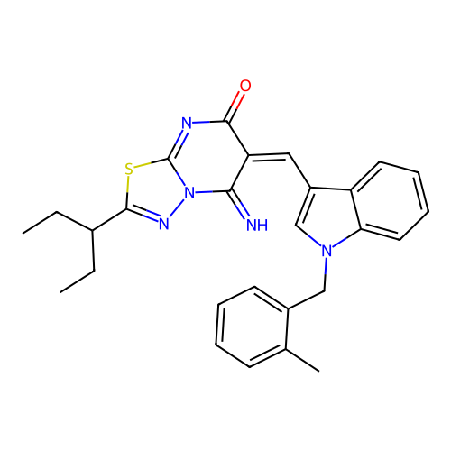 (E)-5-imino-6-((1-(2-methylbenzyl)-1H-indol-3-yl)methylene)-2-(pentan-3-yl)-5H-[1,3,4]thiadiazolo[3,2-a]pyrimidin-7(6H)-one structure