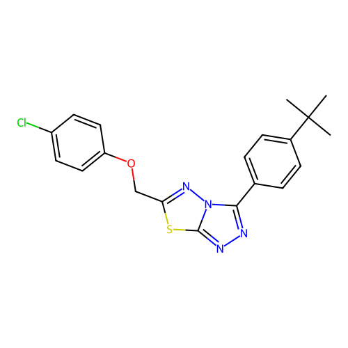 1-({3-[4-(tert-butyl)phenyl](1,2,4-triazolo[3,4-b]1,3,4-thiadiazolin-6-yl)}met hoxy)-4-chlorobenzene structure