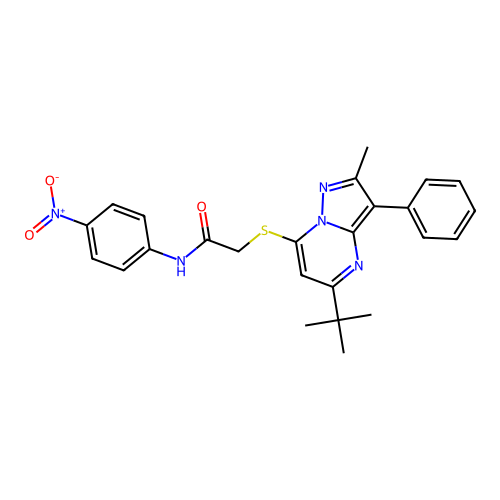 2-((5-(tert-butyl)-2-methyl-3-phenylpyrazolo[1,5-a]pyrimidin-7-yl)thio)-N-(4-nitrophenyl)acetamide structure