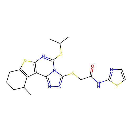 2-((5-(isopropylthio)-11-methyl-8,9,10,11-tetrahydrobenzo[4,5]thieno[3,2-e][1,2,4]triazolo[4,3-c]pyrimidin-3-yl)thio)-N-(thiazol-2-yl)acetamide structure