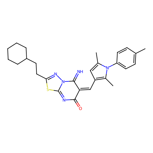 (E)-2-(2-cyclohexylethyl)-6-((2,5-dimethyl-1-(p-tolyl)-1H-pyrrol-3-yl)methylene)-5-imino-5H-[1,3,4]thiadiazolo[3,2-a]pyrimidin-7(6H)-one structure