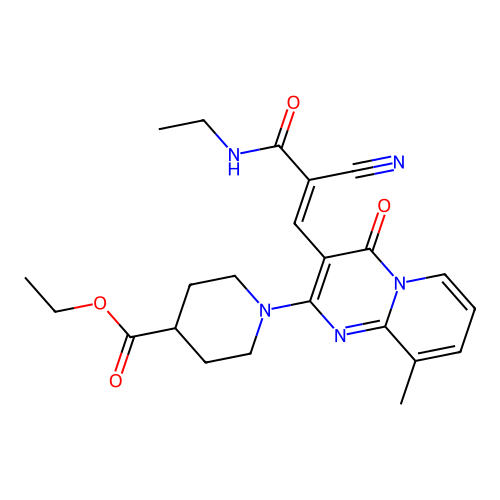 (E)-ethyl 1-(3-(2-cyano-3-(ethylamino)-3-oxoprop-1-en-1-yl)-9-methyl-4-oxo-4H-pyrido[1,2-a]pyrimidin-2-yl)piperidine-4-carboxylate structure