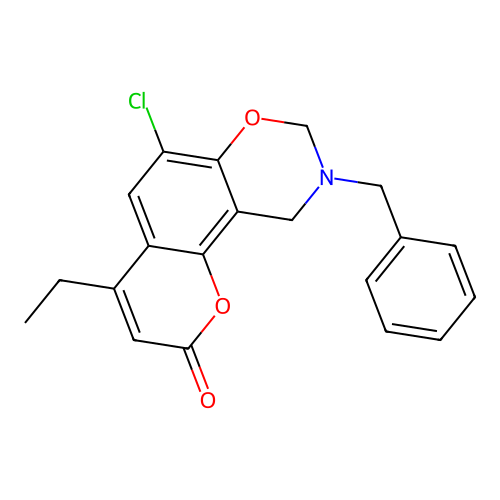 9-benzyl-6-chloro-4-ethyl-9,10-dihydro-2H,8H-chromeno[8,7-e][1,3]oxazin-2-one structure