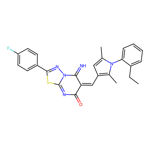 (E)-6-((1-(2-ethylphenyl)-2,5-dimethyl-1H-pyrrol-3-yl)methylene)-2-(4-fluorophenyl)-5-imino-5H-[1,3,4]thiadiazolo[3,2-a]pyrimidin-7(6H)-one structure