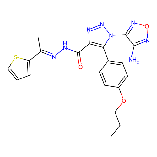 (E)-1-(4-amino-1,2,5-oxadiazol-3-yl)-5-(4-propoxyphenyl)-N'-(1-(thiophen-2-yl)ethylidene)-1H-1,2,3-triazole-4-carbohydrazide structure