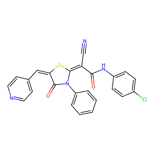(E)-N-(4-chlorophenyl)-2-cyano-2-((E)-4-oxo-3-phenyl-5-(pyridin-4-ylmethylene)thiazolidin-2-ylidene)acetamide structure