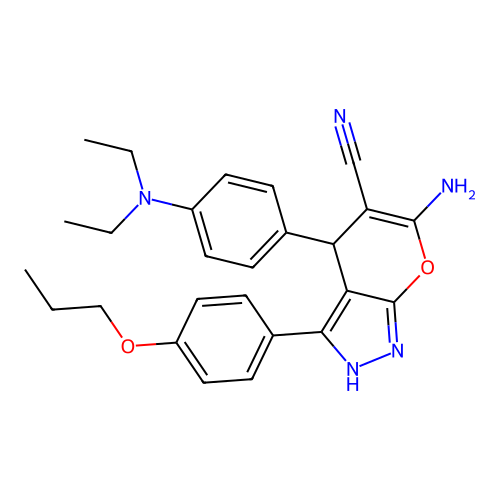 6-amino-4-[4-(diethylamino)phenyl]-3-(4-propoxyphenyl)-2,4-dihydropyrano[2,3-c]pyrazole-5-carbonitrile structure