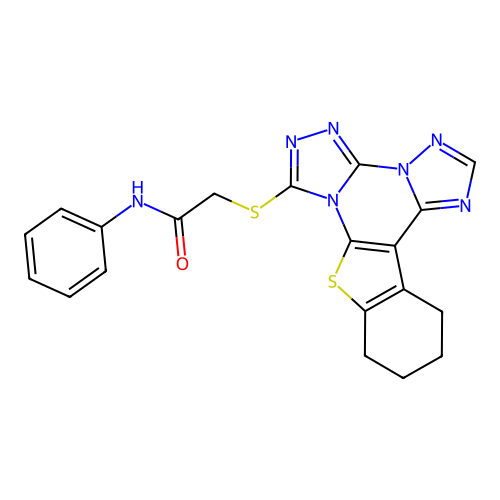 N-phenyl-2-((10,11,12,13-tetrahydrobenzo[4,5]thieno[3,2-e]bis([1,2,4]triazolo)[4,3-a:1',5'-c]pyrimidin-7-yl)thio)acetamide structure