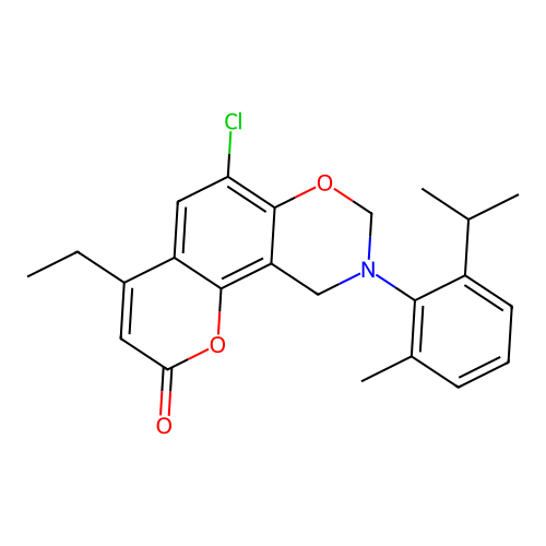 6-chloro-4-ethyl-9-(2-isopropyl-6-methylphenyl)-9,10-dihydrochromeno[8,7-e][1,3]oxazin-2(8H)-one structure
