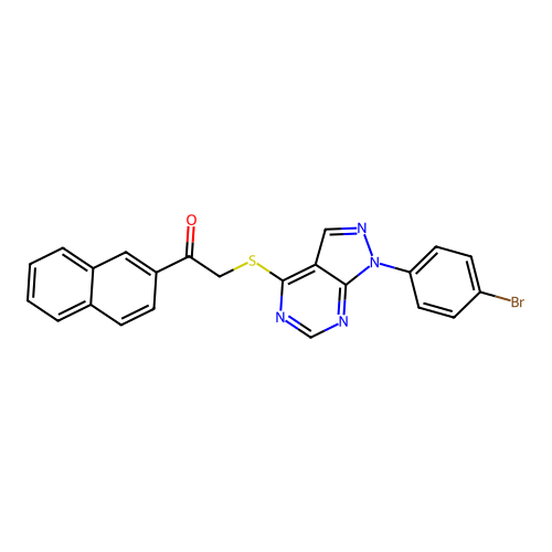 2-((1-(4-bromophenyl)-1H-pyrazolo[3,4-d]pyrimidin-4-yl)thio)-1-(naphthalen-2-yl)ethanone structure