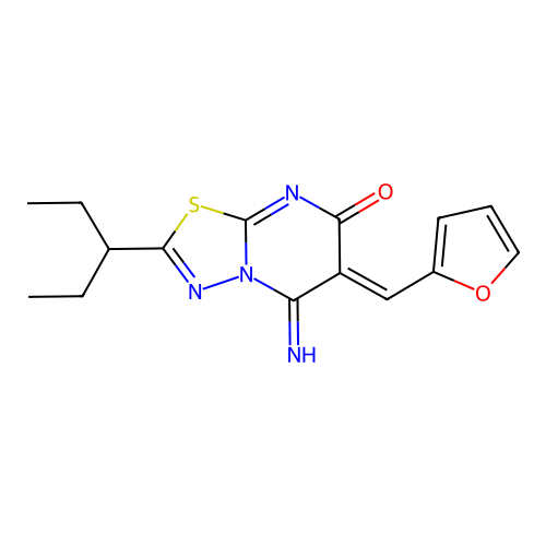 (6Z)-6-(furan-2-ylmethylidene)-5-imino-2-(pentan-3-yl)-5,6-dihydro-7H-[1,3,4]thiadiazolo[3,2-a]pyrimidin-7-one structure