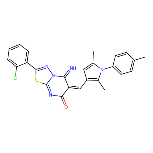 (E)-2-(2-chlorophenyl)-6-((2,5-dimethyl-1-(p-tolyl)-1H-pyrrol-3-yl)methylene)-5-imino-5H-[1,3,4]thiadiazolo[3,2-a]pyrimidin-7(6H)-one structure