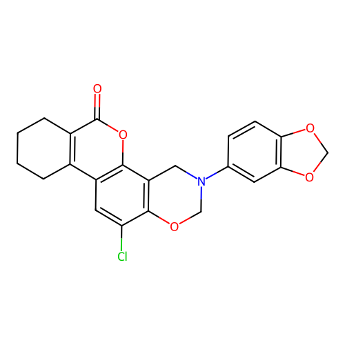 3-(1,3-benzodioxol-5-yl)-12-chloro-2,4,7,8,9,10-hexahydroisochromeno[3,4-f][1,3]benzoxazin-6-one structure