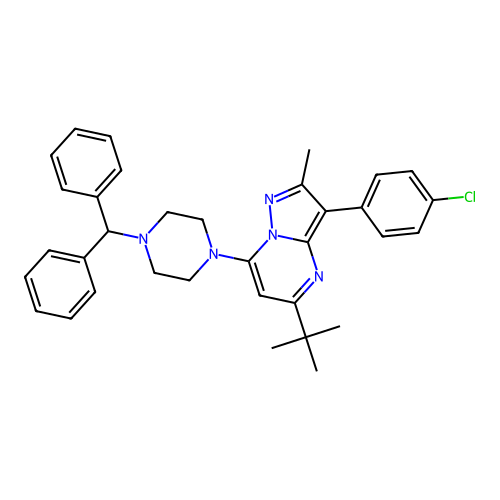 5-tert-butyl-3-(4-chlorophenyl)-7-[4-(diphenylmethyl)piperazin-1-yl]-2-methylpyrazolo[1,5-a]pyrimidine structure
