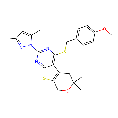 2-(3,5-dimethyl-1H-pyrazol-1-yl)-4-((4-methoxybenzyl)thio)-6,6-dimethyl-6,8-dihydro-5H-pyrano[4',3':4,5]thieno[2,3-d]pyrimidine structure