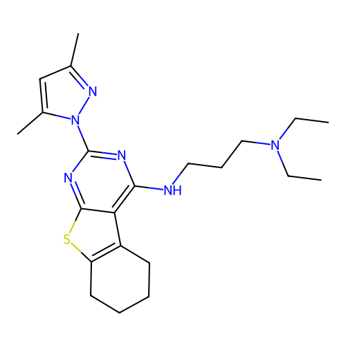 N'-[2-(3,5-dimethyl-1H-pyrazol-1-yl)-5,6,7,8-tetrahydro[1]benzothieno[2,3-d]pyrimidin-4-yl]-N,N-diethylpropane-1,3-diamine structure